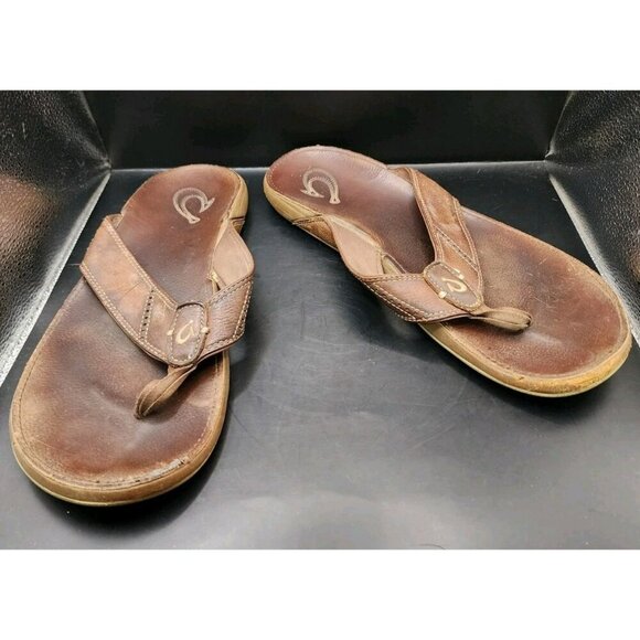 Olukai Nui Brown Leather Flip Flop Sandal Men's Size 12 - Picture 1 of 8